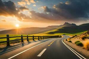 a road with a fence and mountains in the background. AI-Generated photo