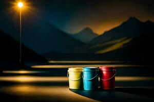 three buckets sit on the ground in front of a light. AI-Generated photo