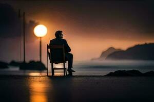 un hombre sentado en un silla a puesta de sol. generado por ai foto