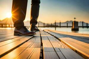 a man in a suit and tie walking on a wooden dock at sunset. AI-Generated photo