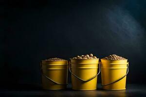 three buckets of peanuts on a dark background. AI-Generated photo