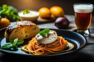 spaghetti with meatballs and a glass of beer. AI-Generated photo