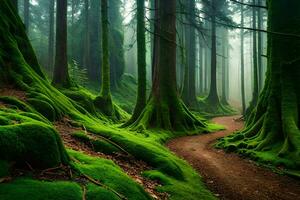 a path through a forest with mossy trees. AI-Generated photo