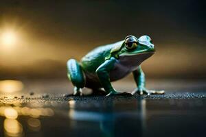 a frog is standing on a wet surface. AI-Generated photo