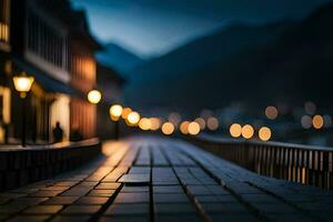 a long wooden walkway in the middle of a city at night. AI-Generated photo