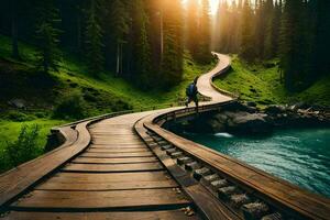 un hombre es caminando en un de madera puente terminado un río. generado por ai foto