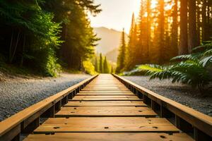 un de madera tren pista líder a el Dom. generado por ai foto