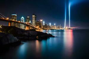 the twin towers are lit up at night in this photo. AI-Generated photo