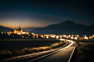 un tren pista con luces en eso a noche. generado por ai foto