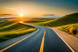 a road with the sun setting behind it. AI-Generated photo