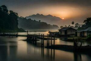 a beautiful sunrise over a river with wooden houses. AI-Generated photo