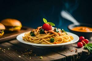 spaghetti with meat and vegetables on a plate. AI-Generated photo