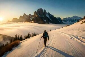 un persona en esquís es caminando mediante el nieve. generado por ai foto