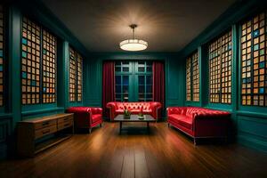 a room with red couches and blue walls. AI-Generated photo