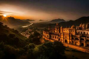 the sun sets over a palace in india. AI-Generated photo