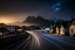 a long exposure photo of a road at night with mountains in the background. AI-Generated