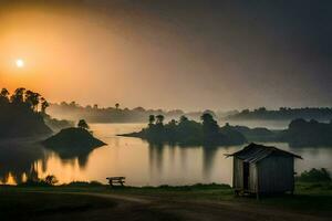 a small hut sits on the shore of a lake at sunrise. AI-Generated photo