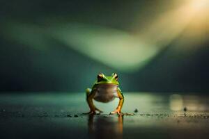 a frog is standing on a wet surface. AI-Generated photo