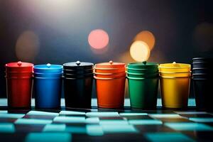 un fila de vistoso tazas en un ajedrez tablero. generado por ai foto