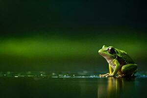 a frog sitting on the water with a green background. AI-Generated photo