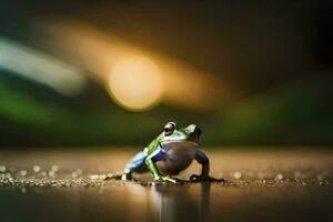 a frog sitting on the ground in the dark. AI-Generated photo