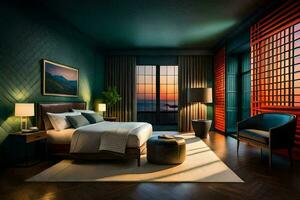 a bedroom with a large bed and a view of the ocean. AI-Generated photo