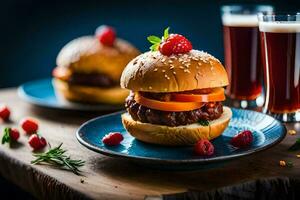 two burgers with buns and beer on a wooden table. AI-Generated photo