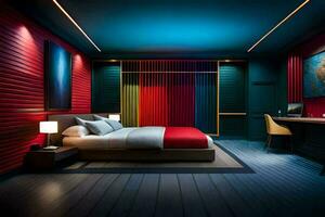 un dormitorio con rojo, azul y amarillo paredes generado por ai foto