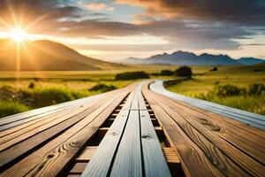 a wooden bridge over a field with the sun setting behind it. AI-Generated photo