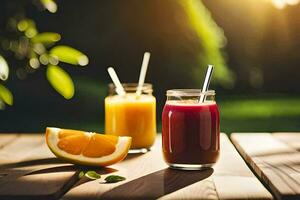 two glasses of juice on a wooden table. AI-Generated photo