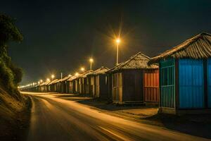 beach huts at night in the sand. AI-Generated photo