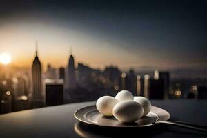 eggs on a plate with a city in the background. AI-Generated photo