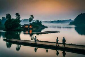 three people walking on a dock in front of a house. AI-Generated photo
