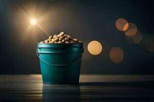 a bucket of peanuts on a table. AI-Generated photo