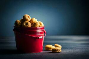 a bucket filled with fried doughnuts on a dark table. AI-Generated photo