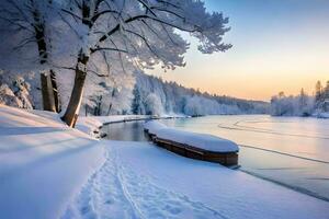 a snowy river with trees and a dock. AI-Generated photo