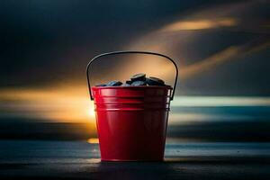 a red bucket with black rocks sitting on a table. AI-Generated photo