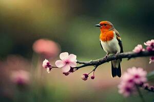 a bird sits on a branch with pink flowers. AI-Generated photo