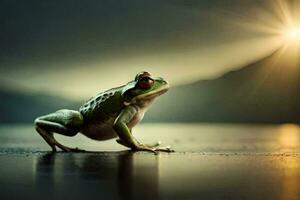 a frog is standing on the ground with the sun in the background. AI-Generated photo