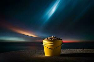 a bucket of nuts on the beach at night. AI-Generated photo