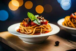 spaghetti with tomato sauce and basil leaves on a wooden board. AI-Generated photo