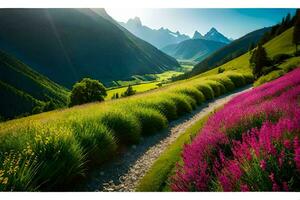 a path through a field of flowers and mountains. AI-Generated photo