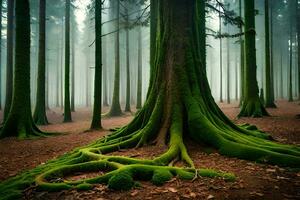 a green forest with mossy trees and roots. AI-Generated photo