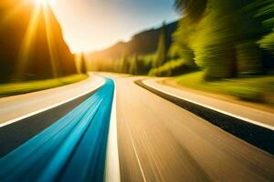 a blurry image of a road with a car driving on it. AI-Generated photo