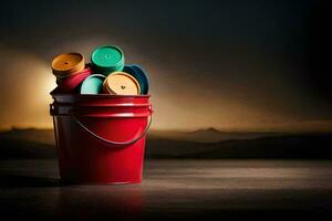 a red bucket filled with colorful plastic cups. AI-Generated photo