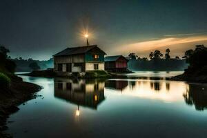 un casa se sienta en el borde de un río a oscuridad. generado por ai foto