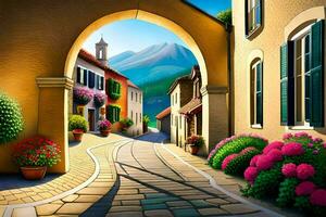 an illustration of a street with flowers and a mountain in the background. AI-Generated photo