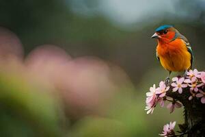 a colorful bird sits on a branch with pink flowers. AI-Generated photo