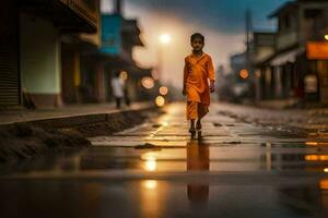 a young boy in orange walking down a street at dusk. AI-Generated photo