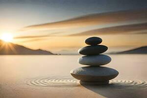 a stack of stones in the sand at sunset. AI-Generated photo